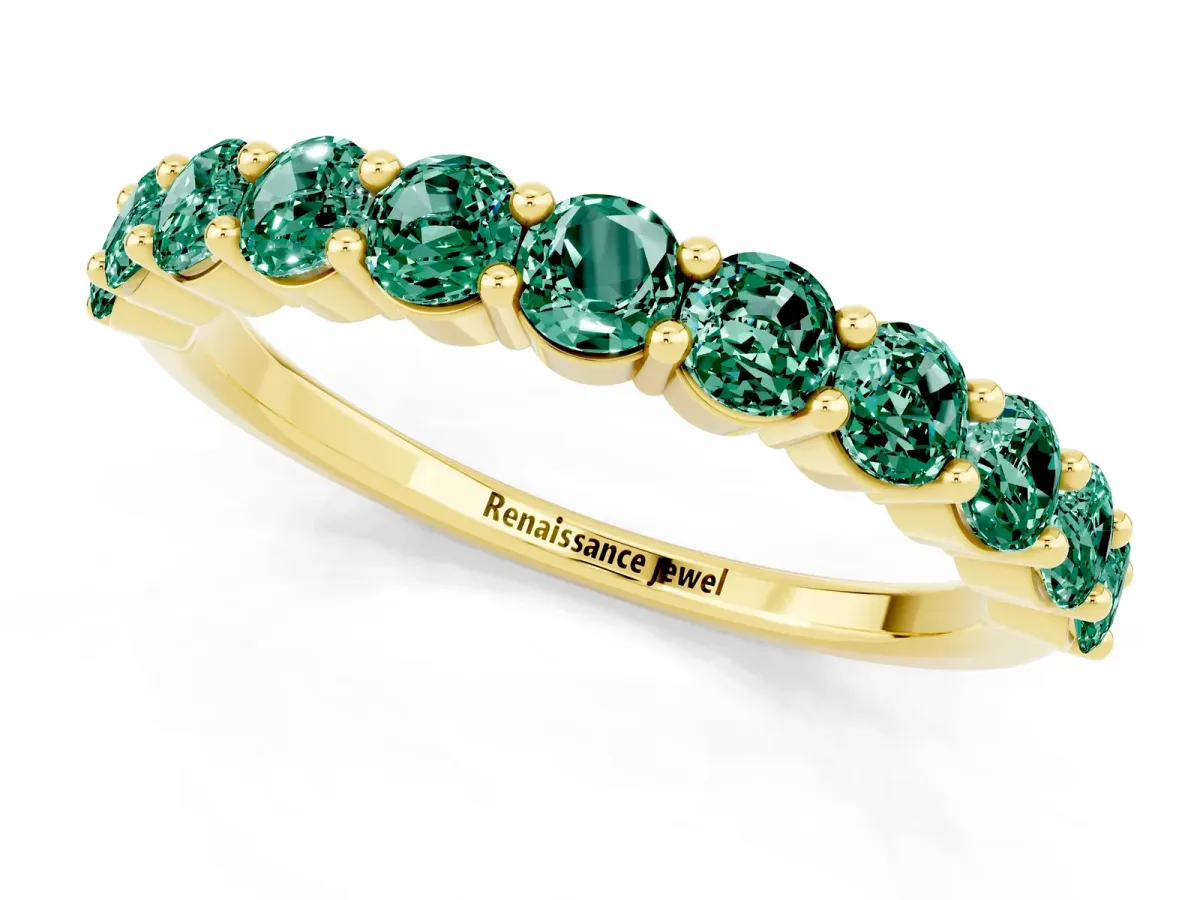 Round Green Sapphire Half Eternity Band with Prong Setting Yellow gold