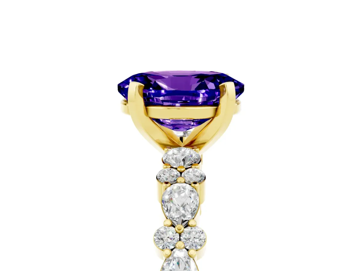 Oval Cut Tanzanite Side Stone Solitaire Ring with Round and Four-Prong Setting Yellow gold