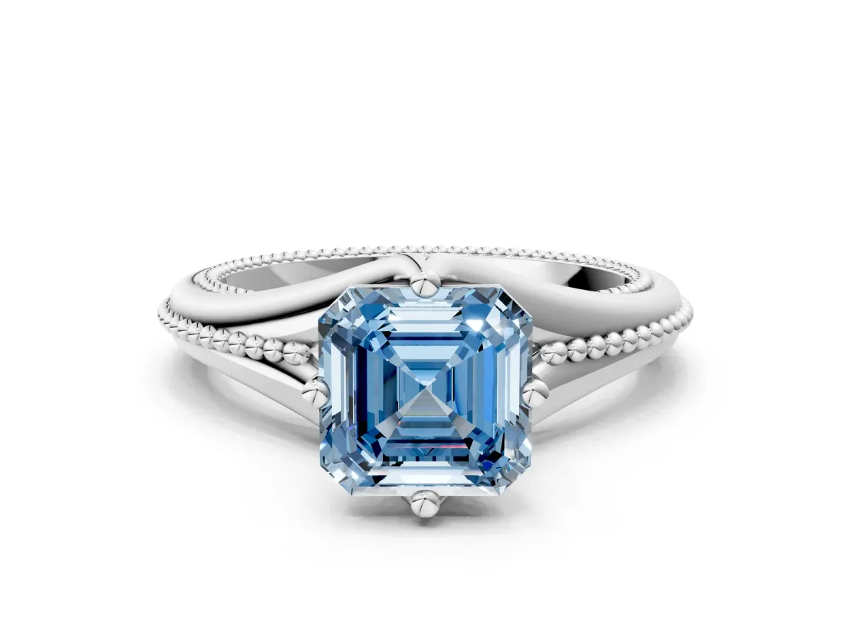 Fancy Blue Asscher Cut Solitaire Beaded Band Six-Prong Setting Platinum