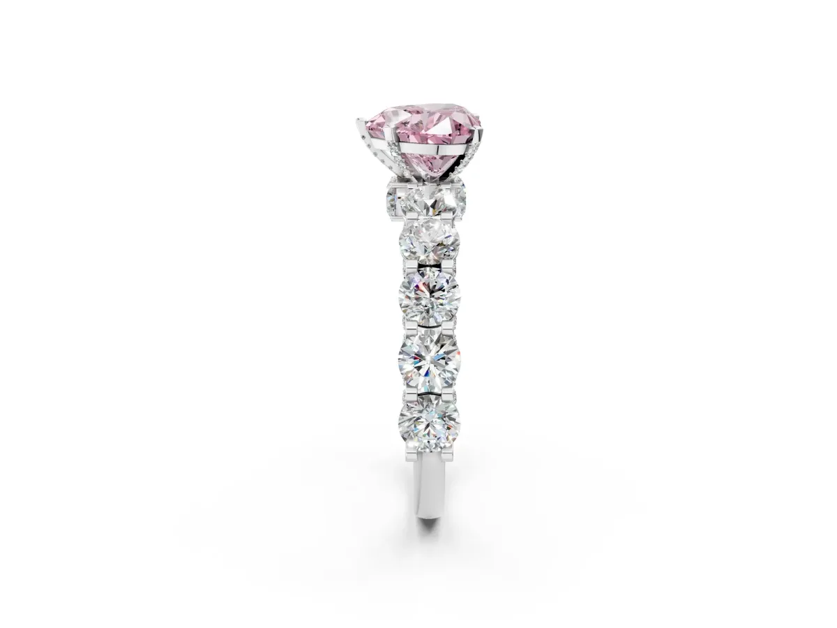 Fancy Pink Heart Cut Diamond Side Stone Engagement Ring with Four-Prong Setting White gold