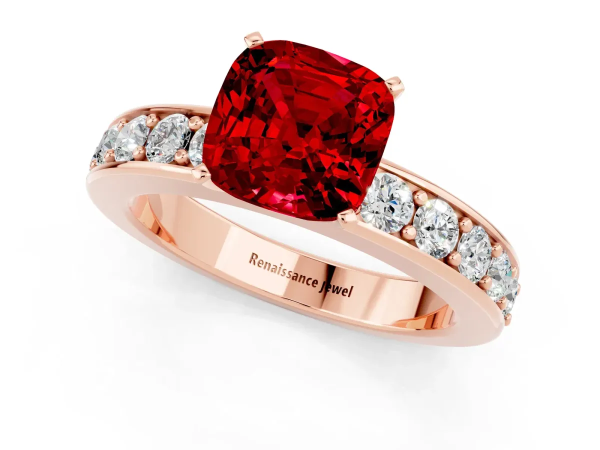 Cushion Cut Ruby Engagement Ring with Channel Set Round Band and Prong Setting Rose gold