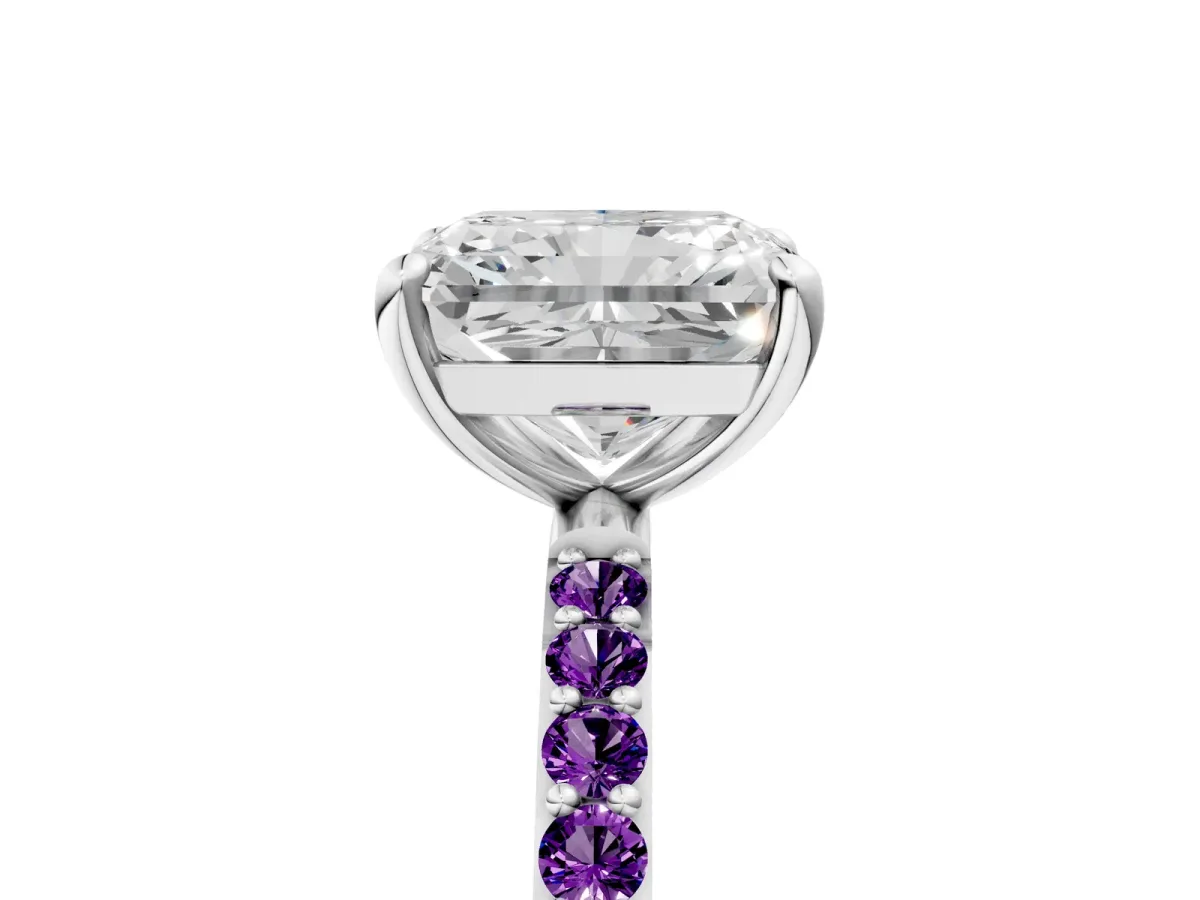 Radiant Cut Diamond Solitaire Ring with Round Amethyst Pavé Band and Prong Setting Silver