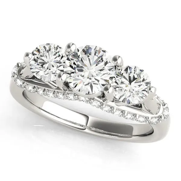 Round Cut Diamond Three-Stone Ring with Prong Setting and Pavé Band Silver
