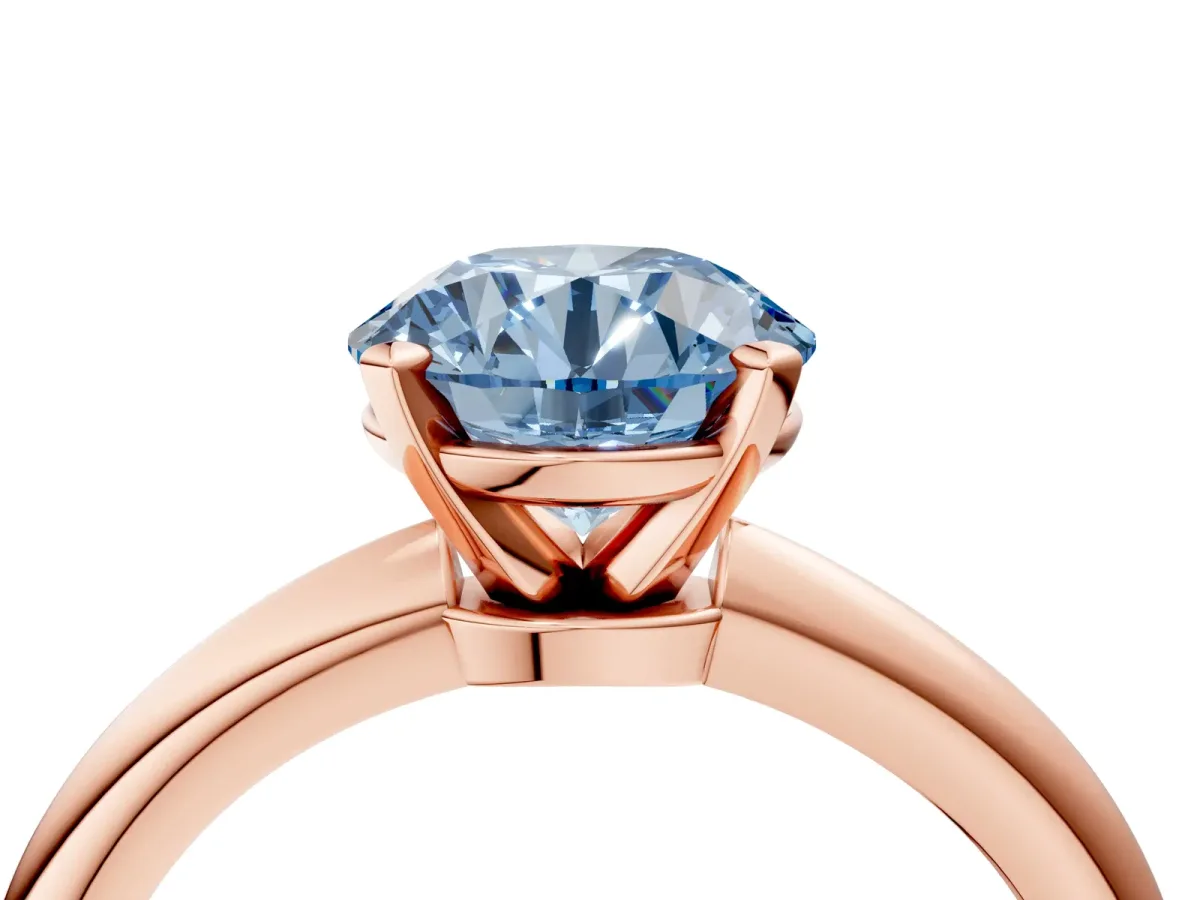 Fancy Blue Round Cut Diamond Solitaire Ring with Six-Prong Setting and Classic Band Rose gold