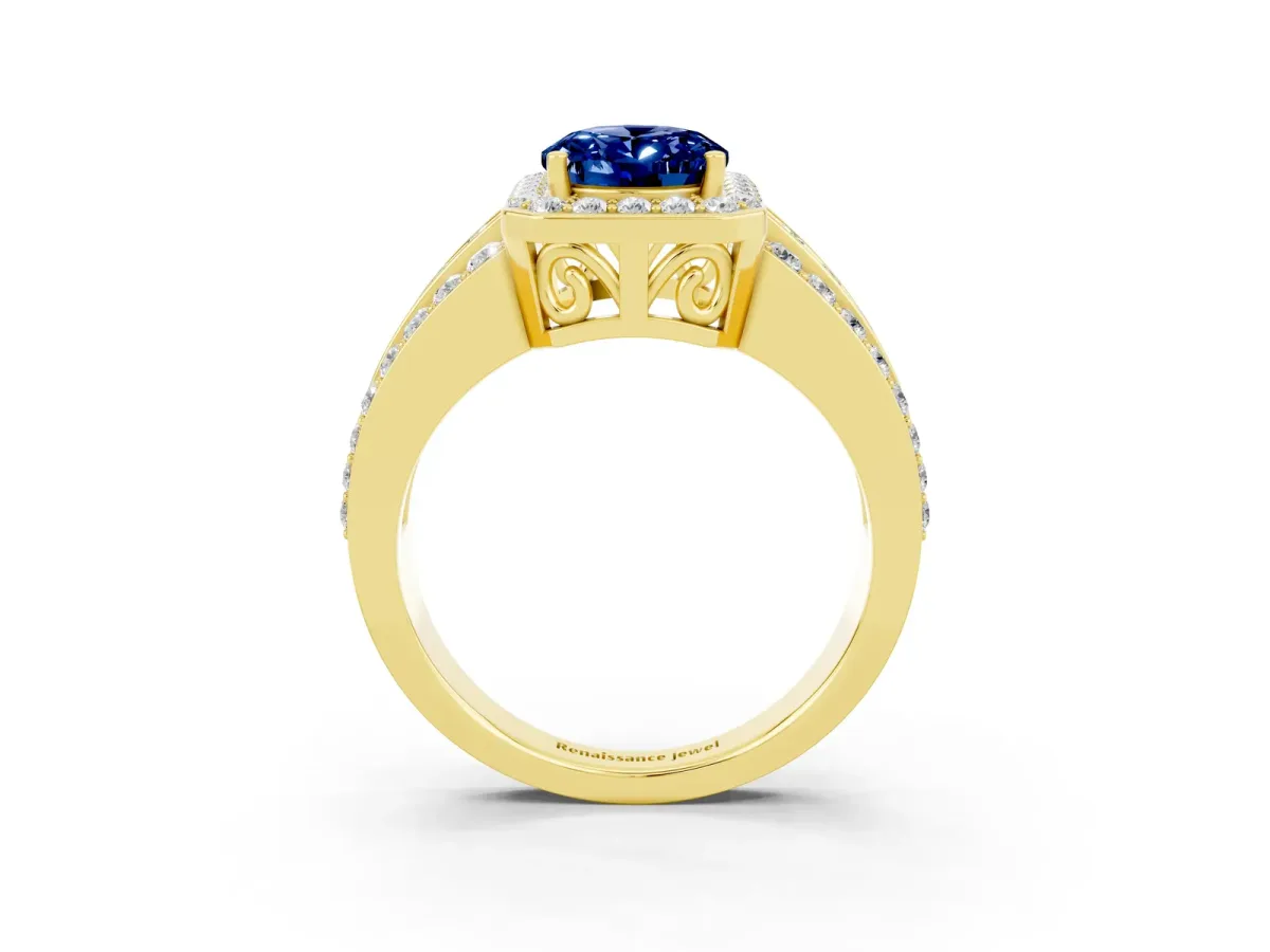 Oval Cut Halo Blue Sapphire Ring with Round Split Shank and Prong Setting Yellow gold