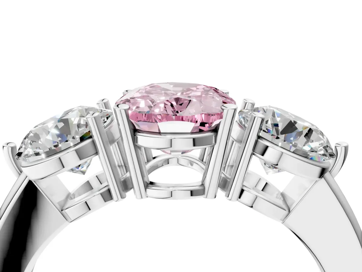 Fancy Pink Oval Cut Diamond Three-Stone Ring with Prong Setting and Classic Band White gold