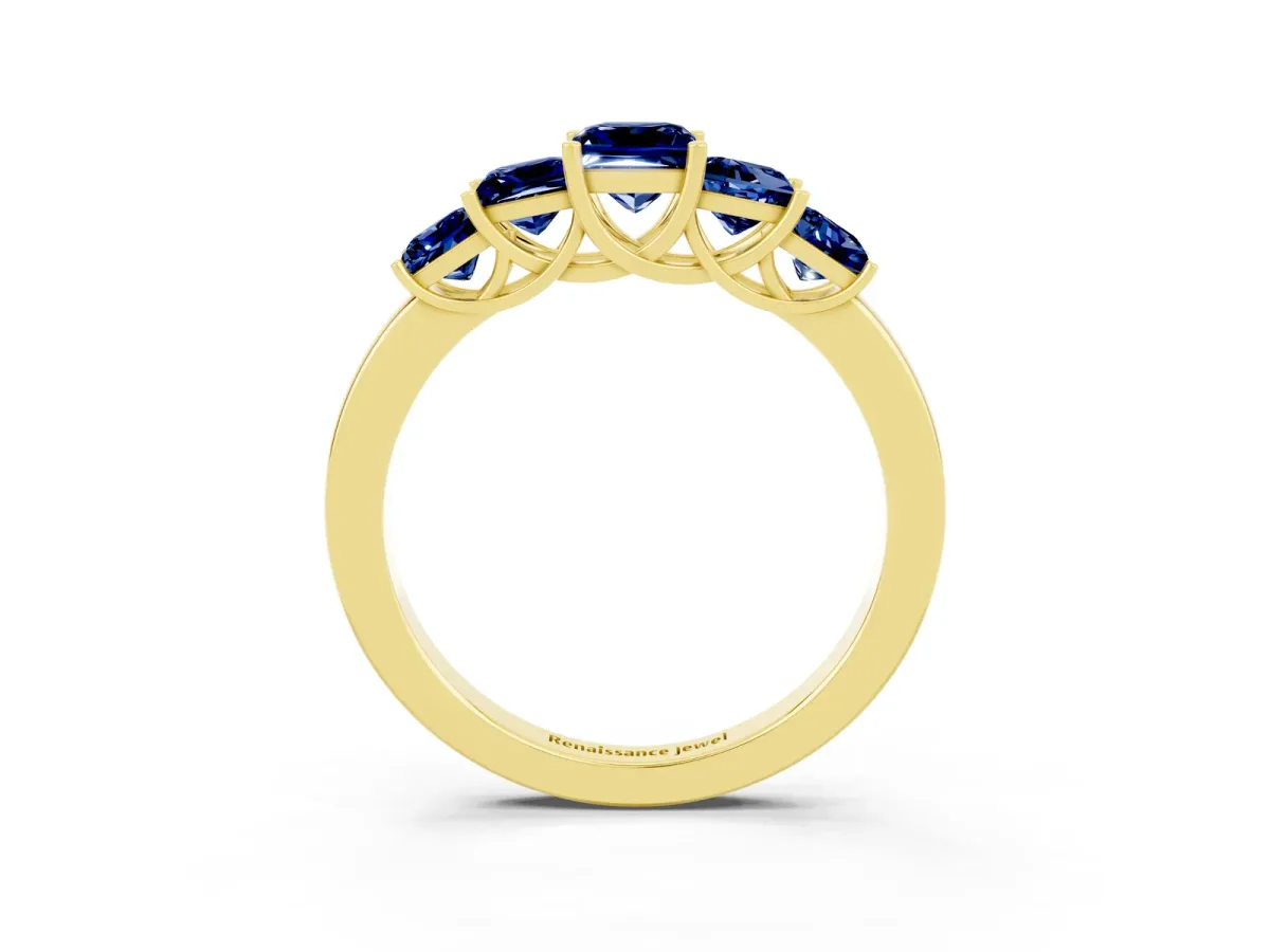 Princess Cut Five-Stone Blue Sapphire Ring with Classic Prong Setting Yellow gold