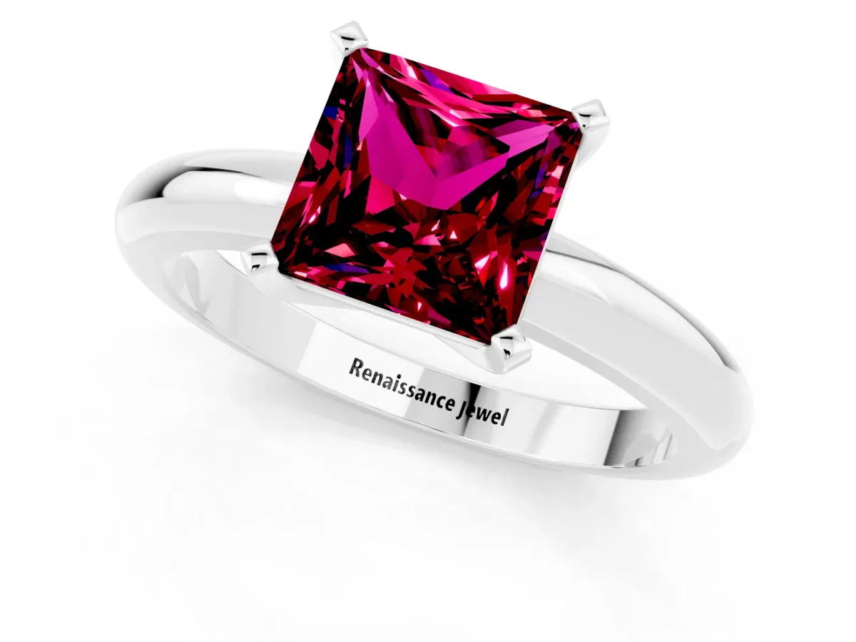 Princess Cut Garnet Solitaire Engagement Ring with Round Band and Four-Prong Setting Silver
