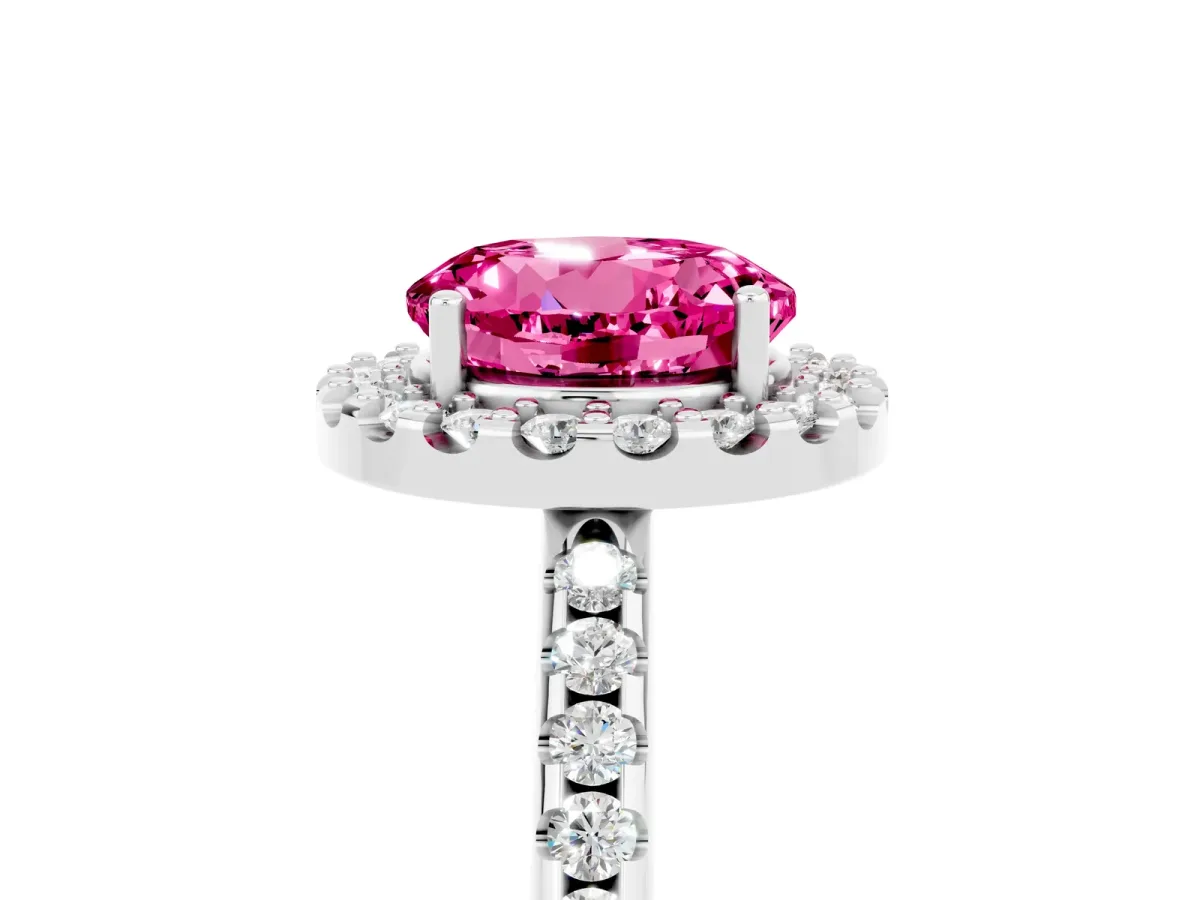 Round Cut Pink Sapphire Pavé Halo Ring with Four-Prong Setting Platinum