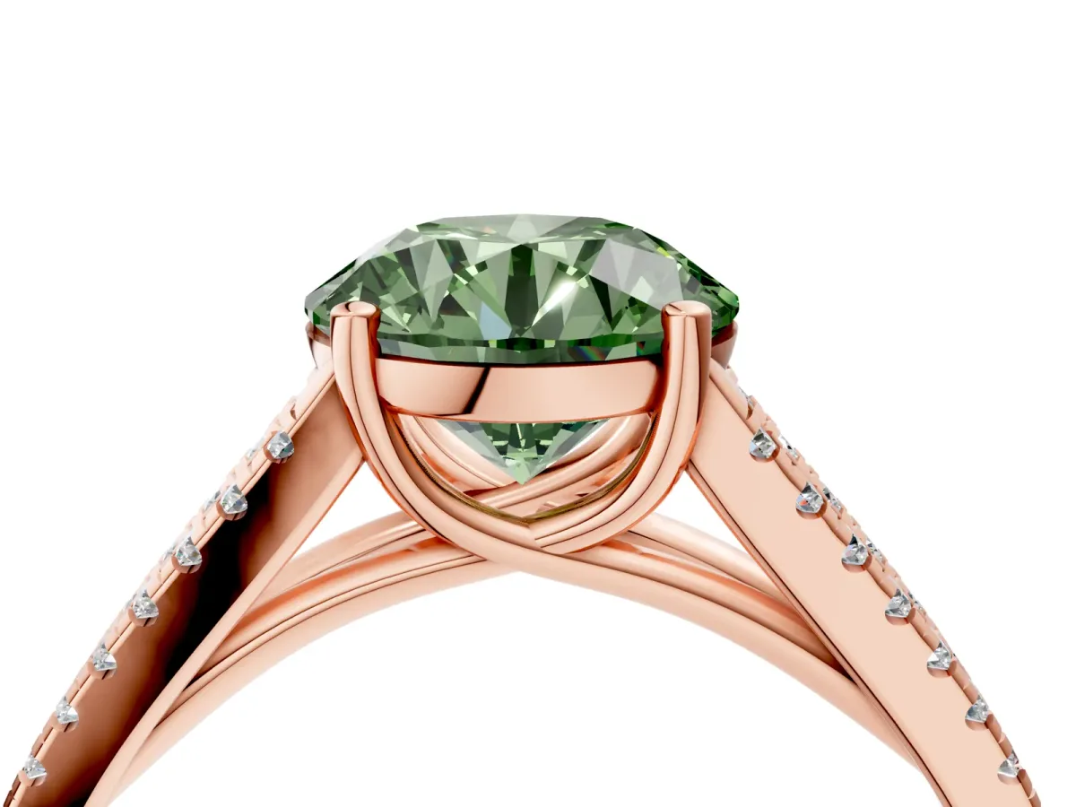 Fancy Green Round Cut Diamond Solitaire Engagement Ring with Split Shank Pavé Band Rose gold