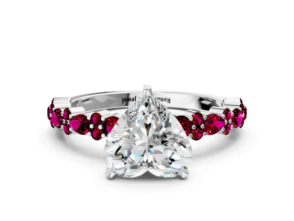 Heart Cut Diamond Side Stone Solitaire Ring with Round Garnet and Four-Prong Setting Platinum