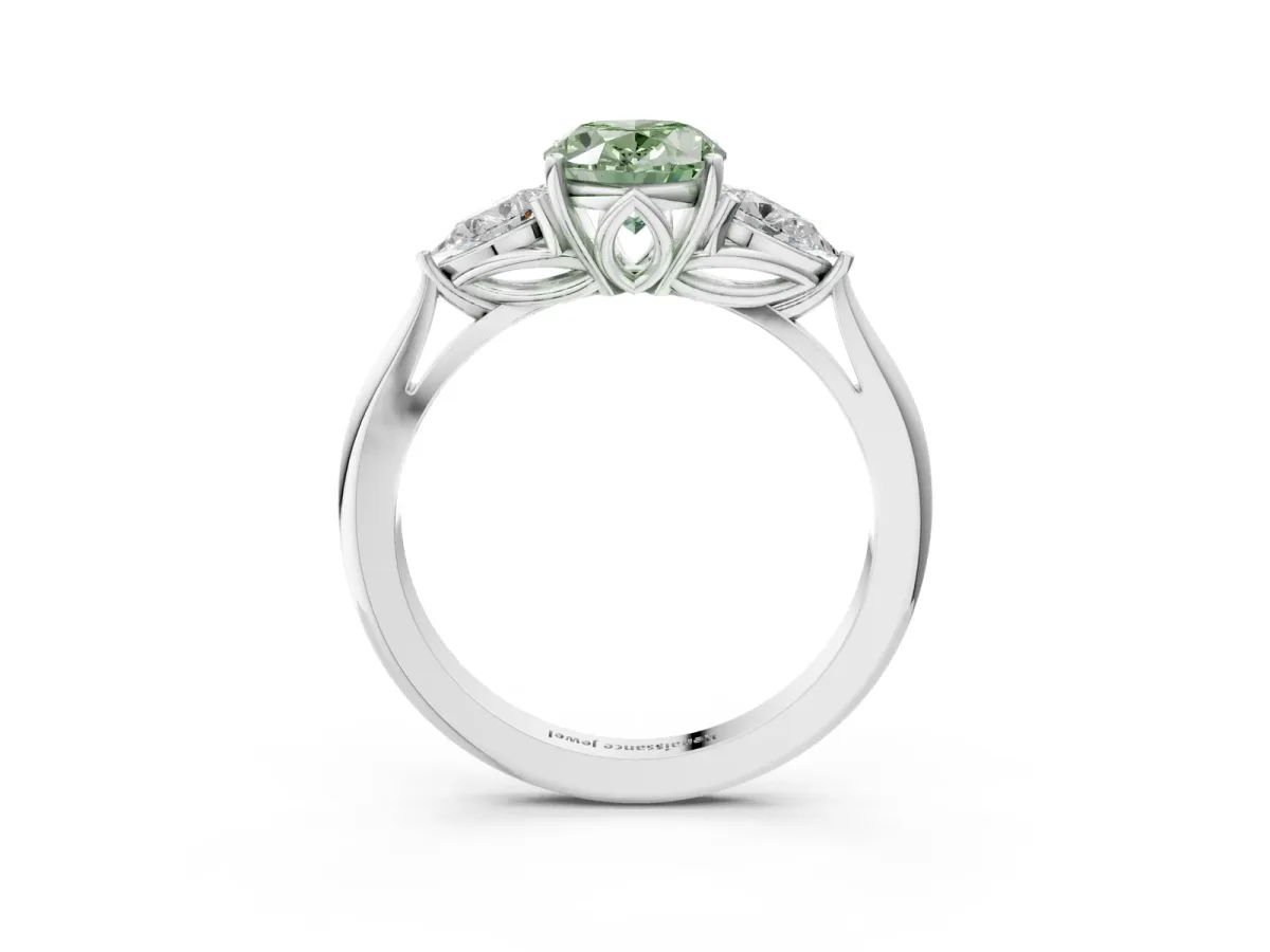 Fancy Green Three-Stone Oval Cut Diamond Ring with Pear Side Stones in Four-Prong Setting White gold