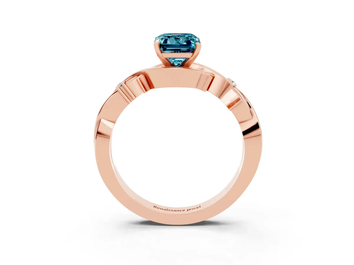 Emerald Cut Blue Topaz Solitaire Ring with Twisted Band and Prong Setting Rose gold