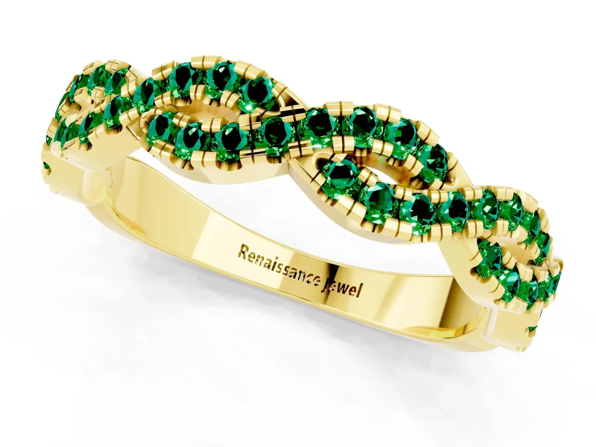 Round Emerald Twisted Eternity Band with Pavé and Shared Prong Setting Yellow gold