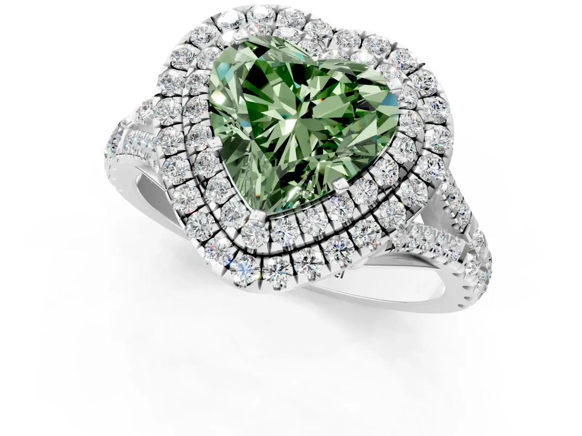 Fancy Green Heart Cut Cut Double Halo Split Shank Diamond Ring with Prong Setting Platinum