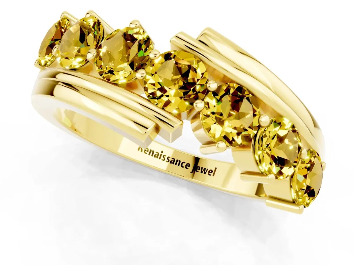 Round Yellow Sapphire Wave Band with Channel and Shared Prong Setting Yellow gold