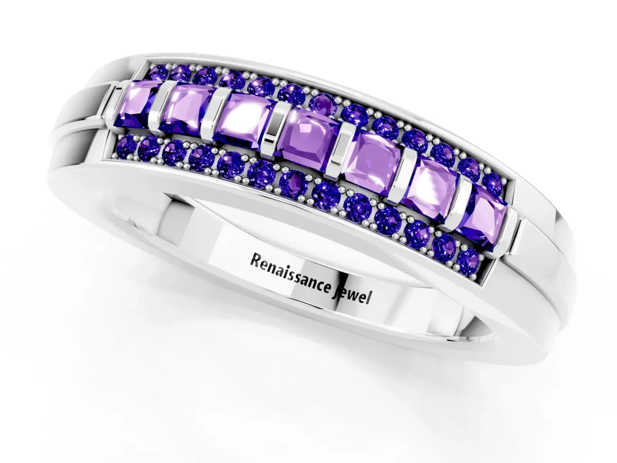 Bar-Set Princess Cut Tanzanite Pavé Band Silver