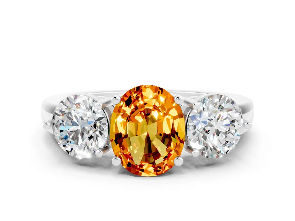 Oval Cut Citrine Three-Stone Ring with Prong Setting and Classic Band White gold