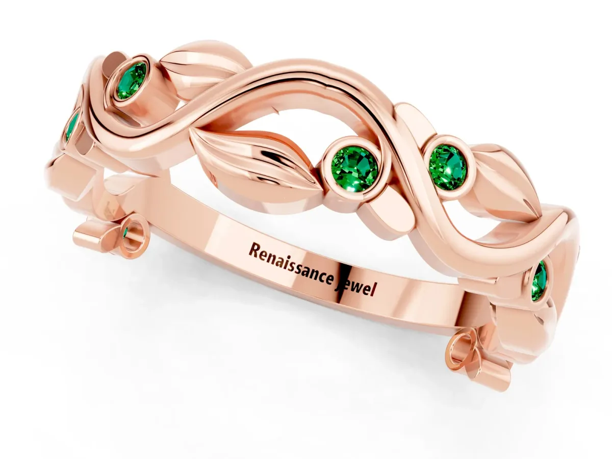 Round Emerald Leaf Eternity Band with Bezel Setting Rose gold