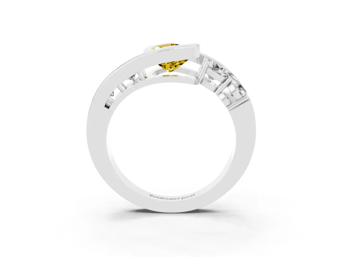 Bezel Set Pear Cut Yellow Sapphire Bypass Ring with Round Accents Silver