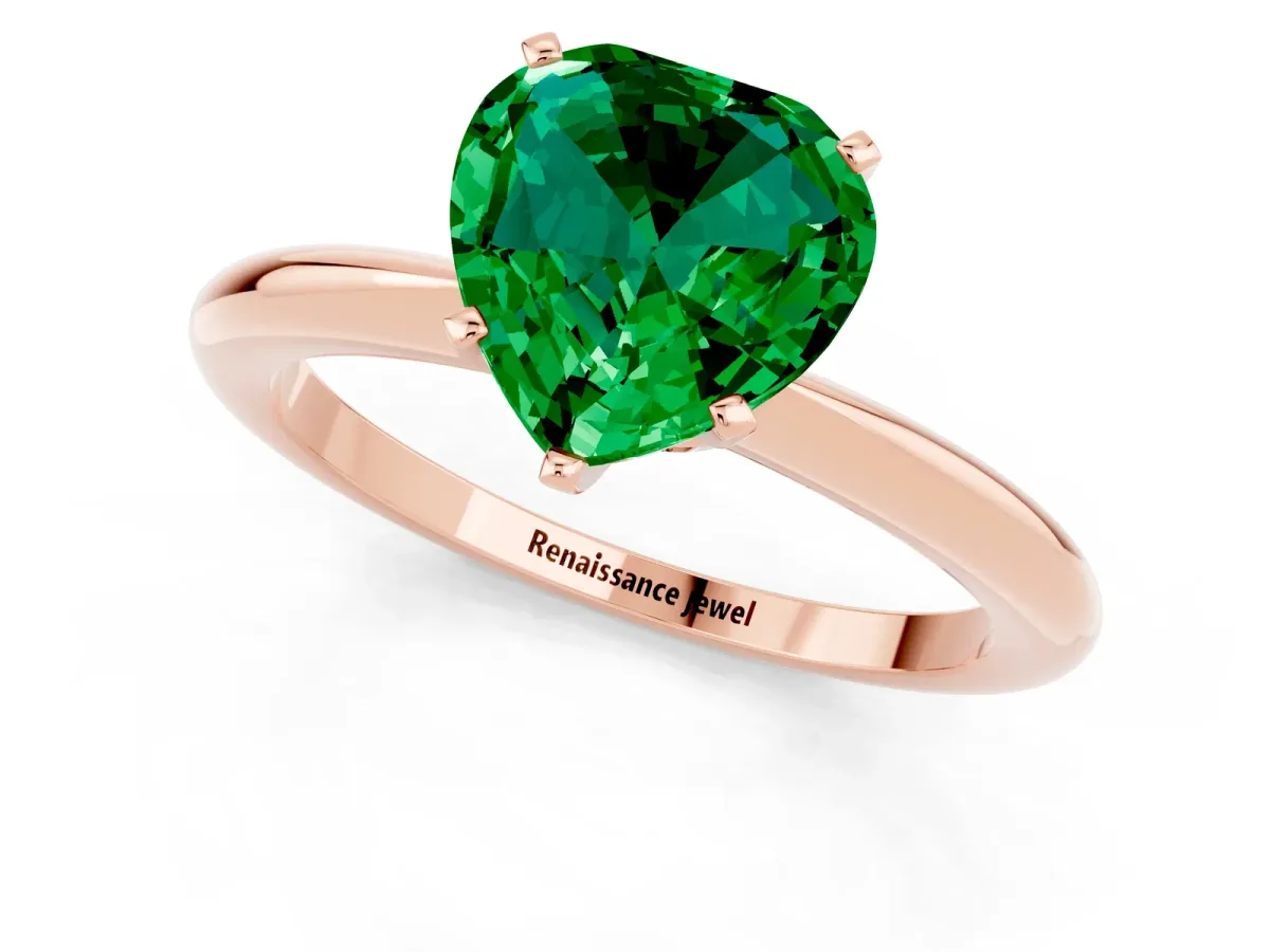 Heart Cut Emerald Solitaire Ring with Six-Prong Setting and Classic Band Rose gold