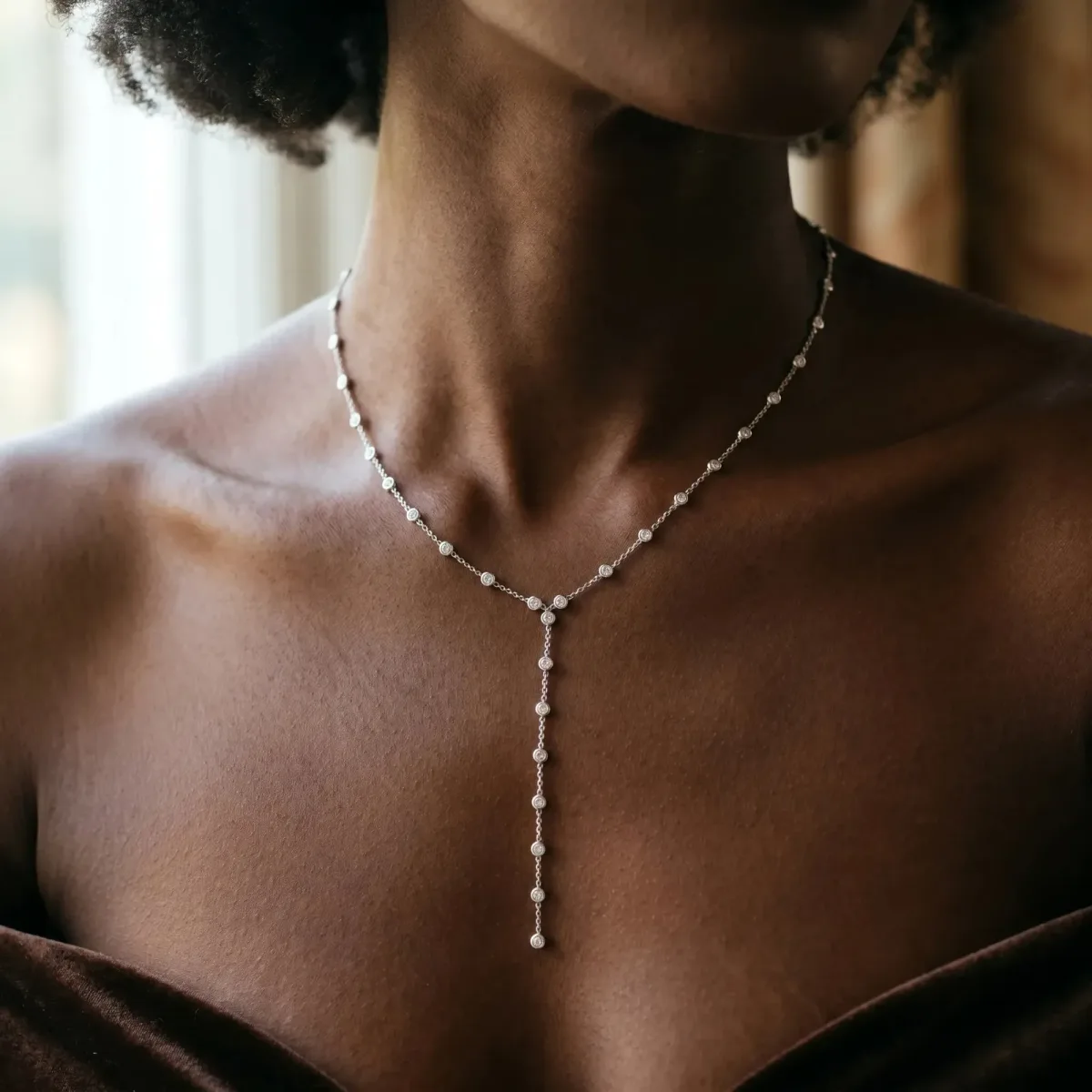 Bezel-Set Round Diamond Station Y Necklace Silver