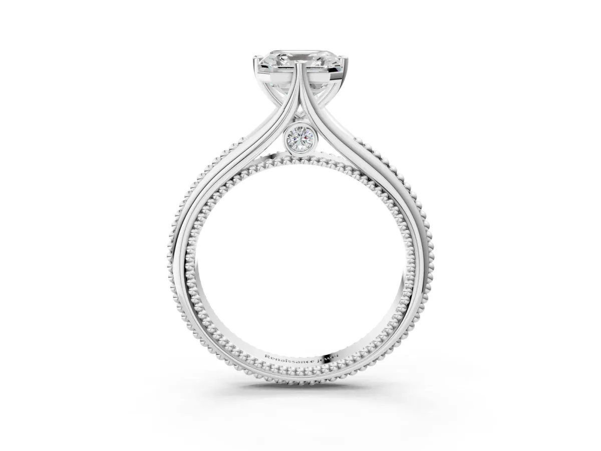 Asscher Cut Solitaire Beaded Band Six-Prong Setting Platinum