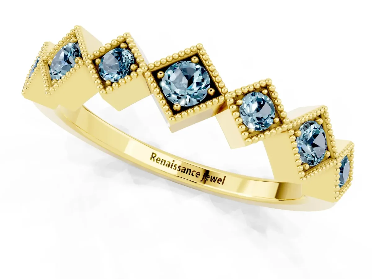 Milgrain Square Bezel Round Aquamarine Chevron Band Yellow gold