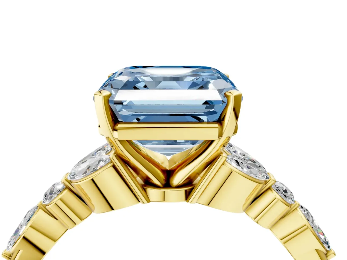 Fancy Blue Asscher Cut Diamond Solitaire Ring with Side Stones and Four-Prong Setting Yellow gold