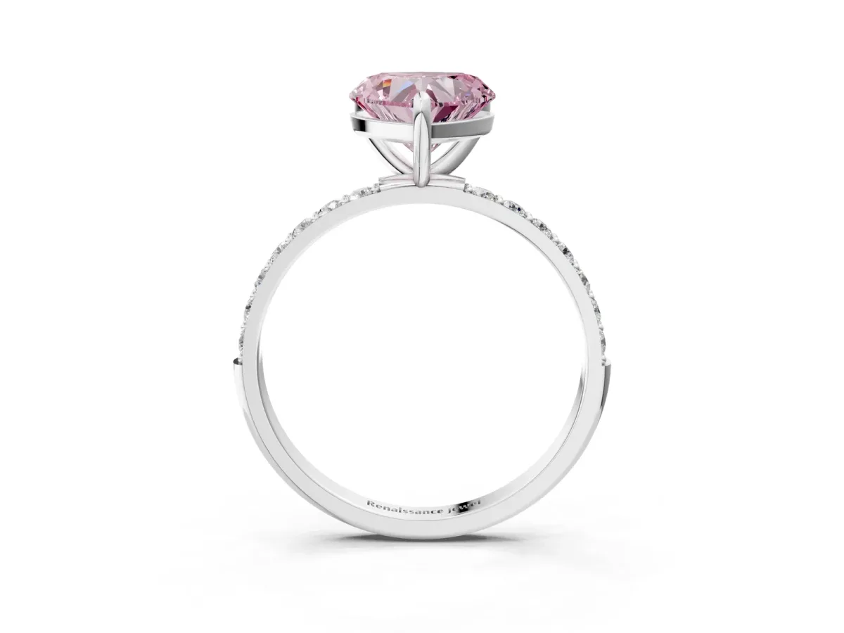 Fancy Pink Heart Cut Diamond Solitaire Ring with Round Pavé Band and Prong Setting Silver