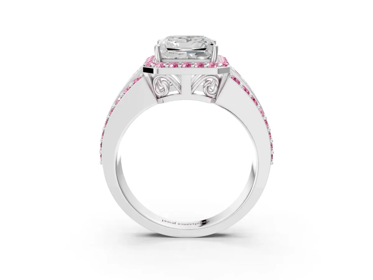 Princess Cut Halo Diamond Ring with Round Pink Sapphire Split Shank and Prong Setting Silver