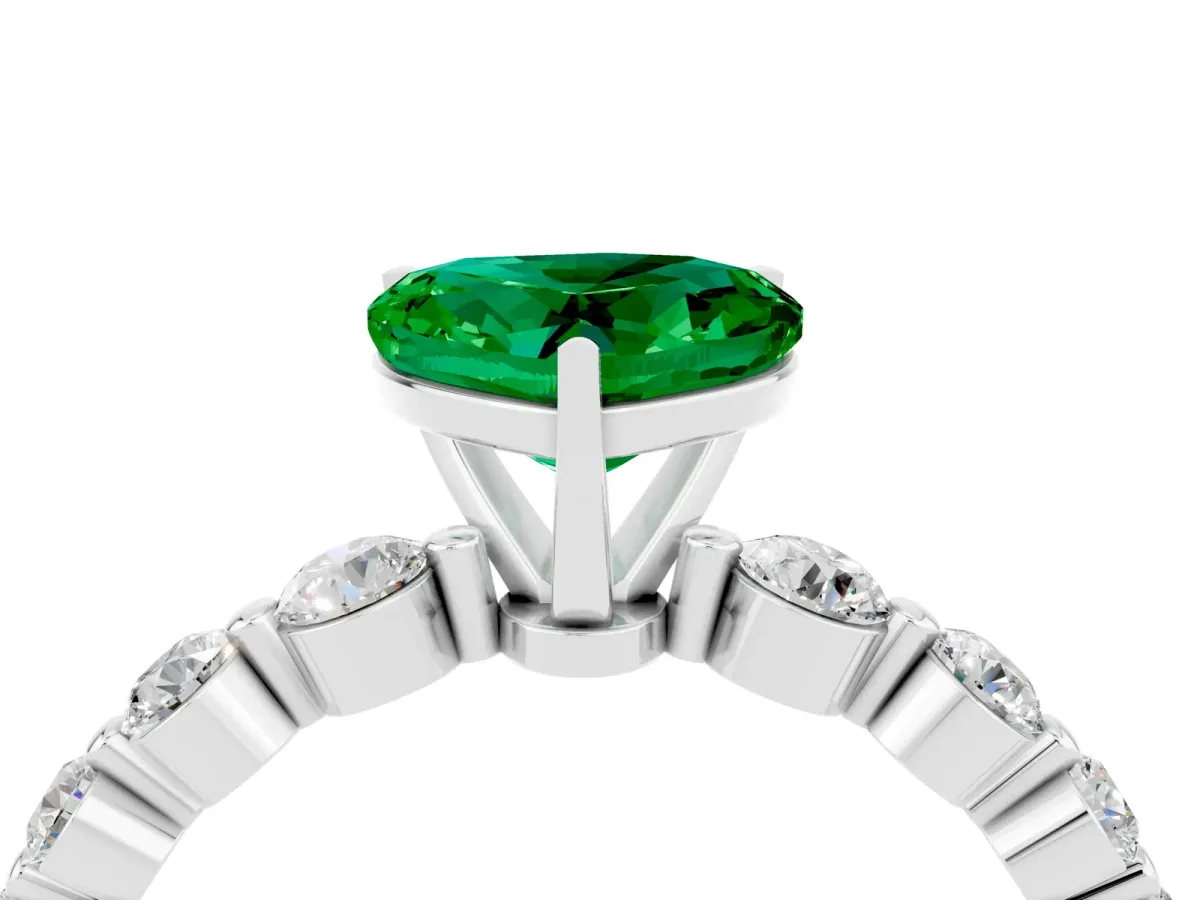 Heart Cut Solitaire Emerald Ring with Pave Band and Four-Prong Setting Platinum