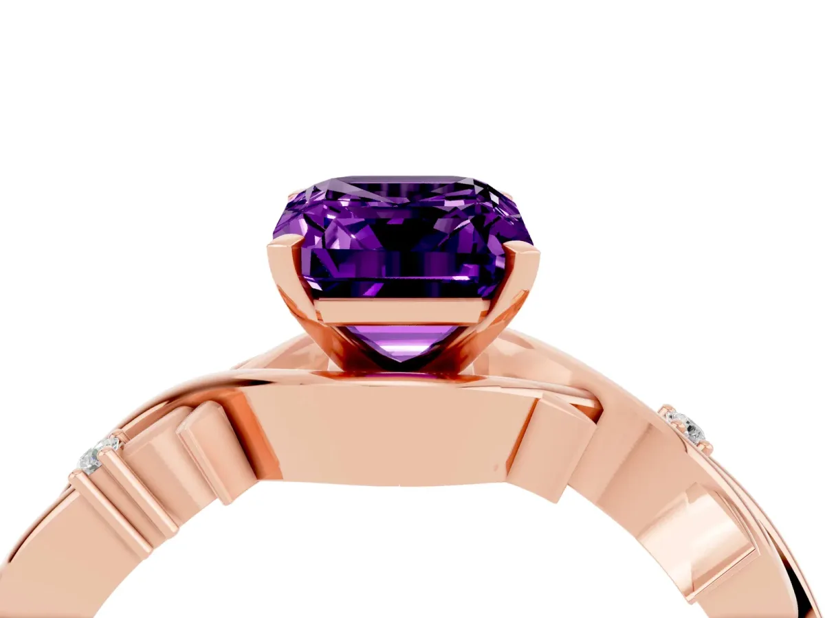 Emerald Cut Amethyst Solitaire Ring with Twisted Band and Prong Setting Rose gold