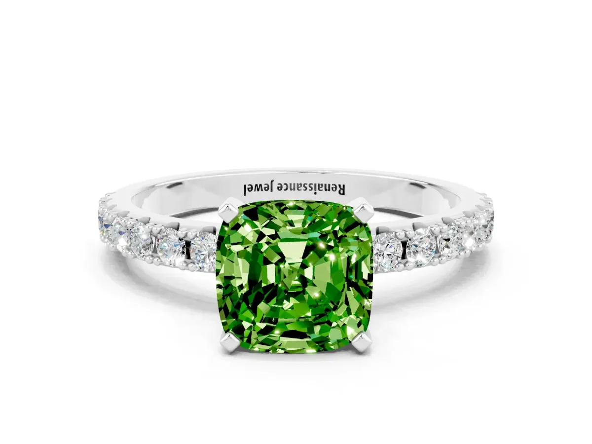 Cushion Cut Peridot Solitaire Pavé Band with Four-Prong Setting Platinum