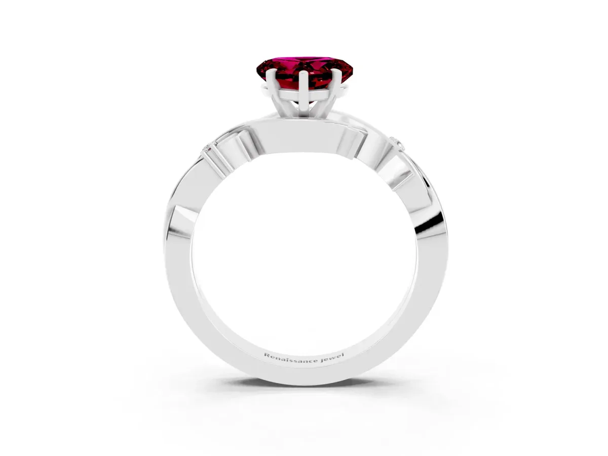 Heart Cut Garnet Solitaire Ring with Twisted Band and Prong Setting White gold