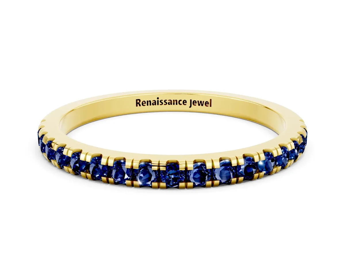 Pavé Round Blue Sapphire Half Eternity Band with Shared Prong Setting Yellow gold