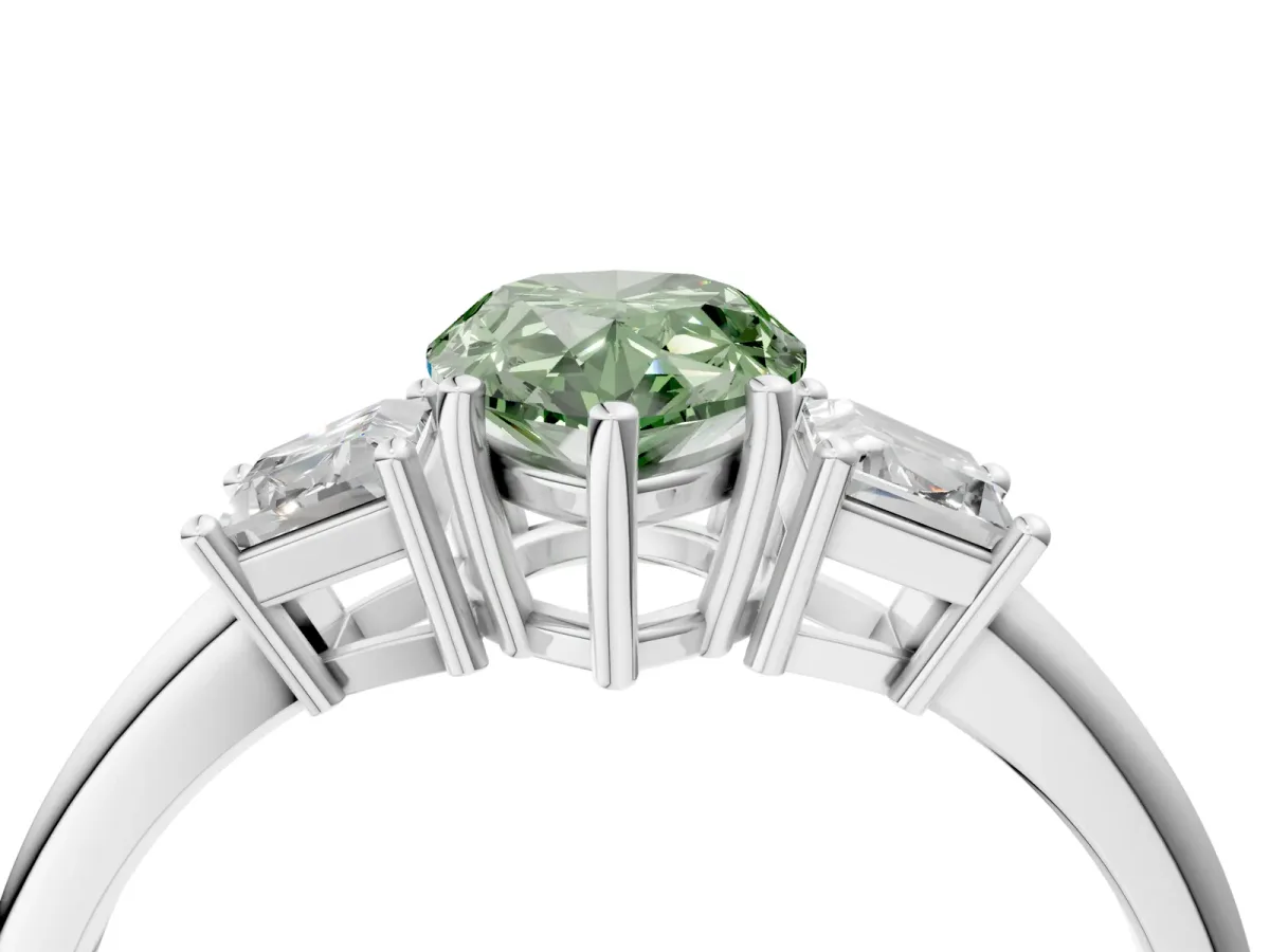 Fancy Green Pear Cut Diamond Three-Stone Ring with Trapezoid Side Stones and Prong Setting Platinum