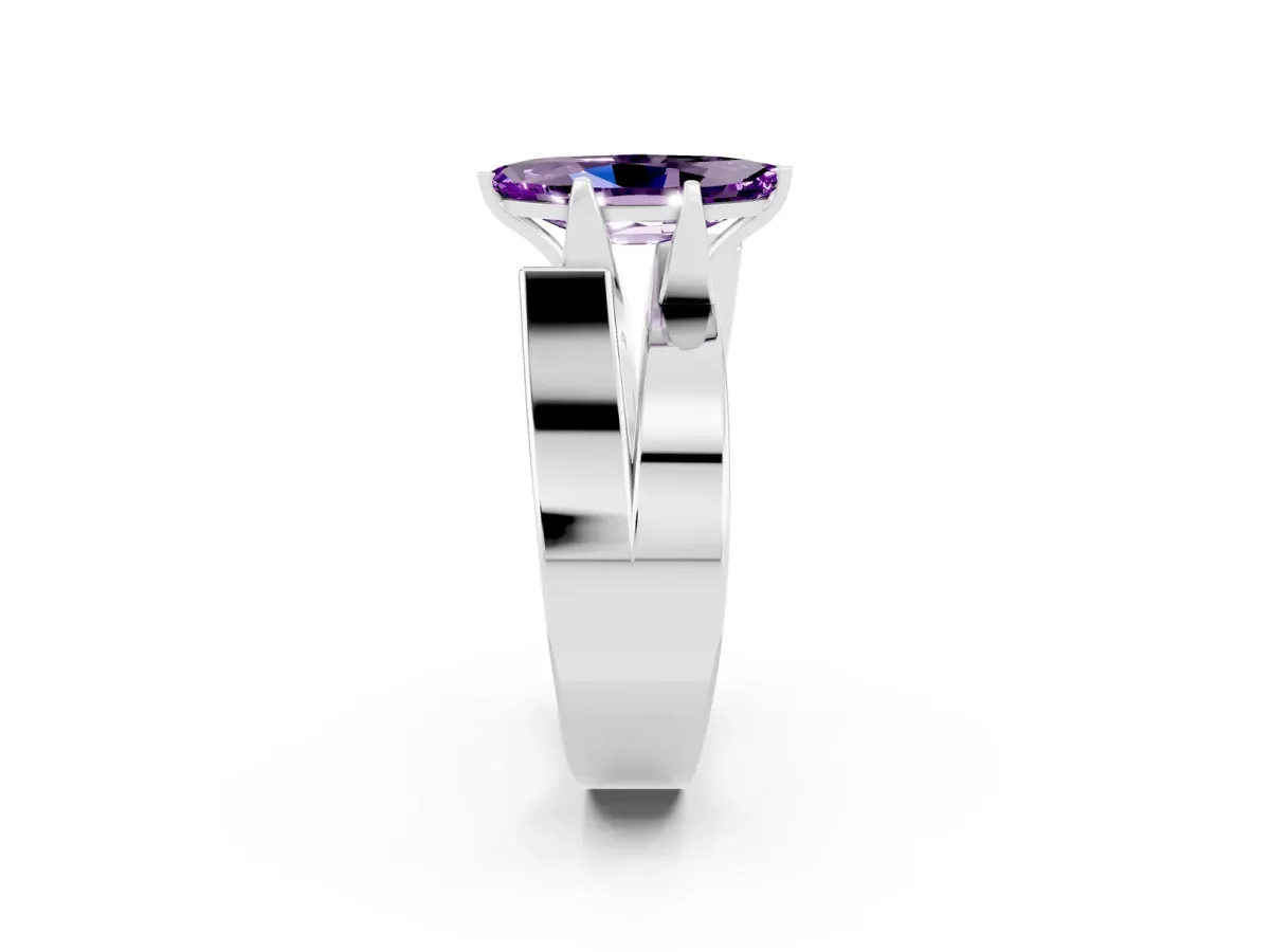 Modern Tension Set Marquise Cut Amethyst Solitaire Wide Band Ring Silver
