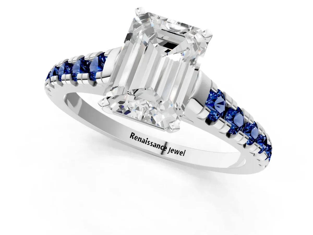 Emerald Cut Diamond Cathedral Solitaire Ring with Round Blue Sapphire Pavé Band Platinum