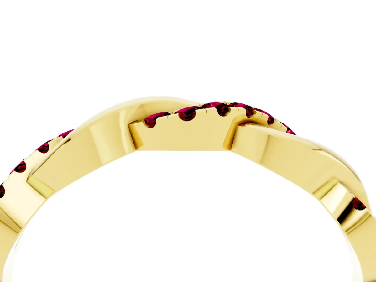 Pavé Round Garnet Twist Eternity Band with Shared Prong Setting Yellow gold