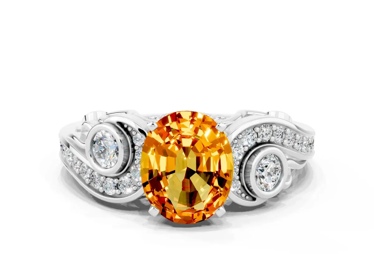 Oval Cut Citrine Solitaire Ring with Milgrain Pavé Band and Four-Prong Setting Silver