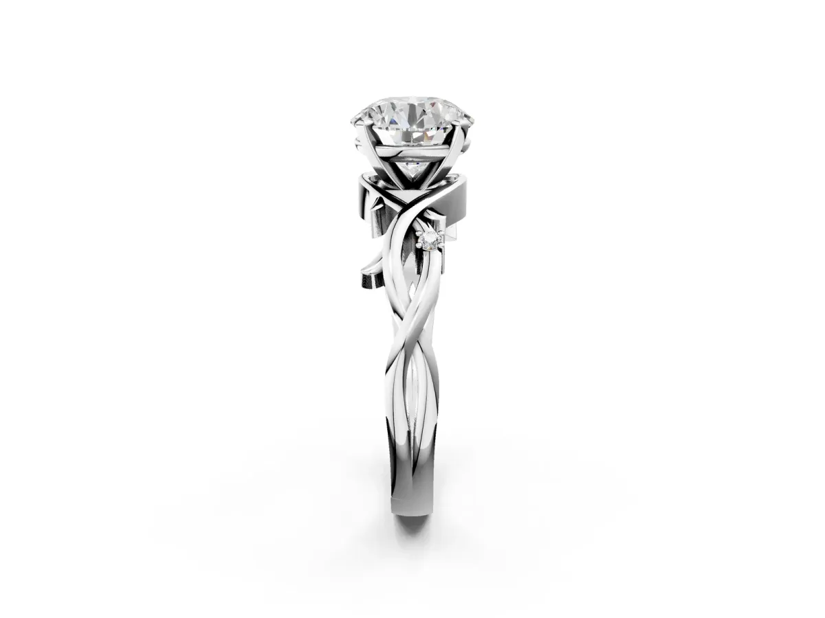 Round Cut Diamond Solitaire Ring with Twisted Band and Prong Setting Platinum