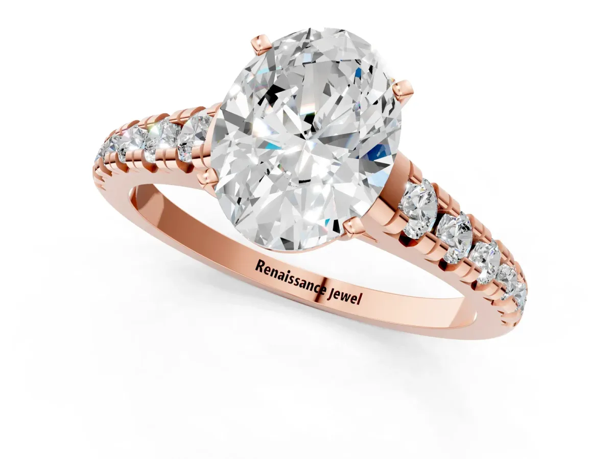 Oval Cut Diamond Cathedral Solitaire Ring with Round Pavé Band Rose gold