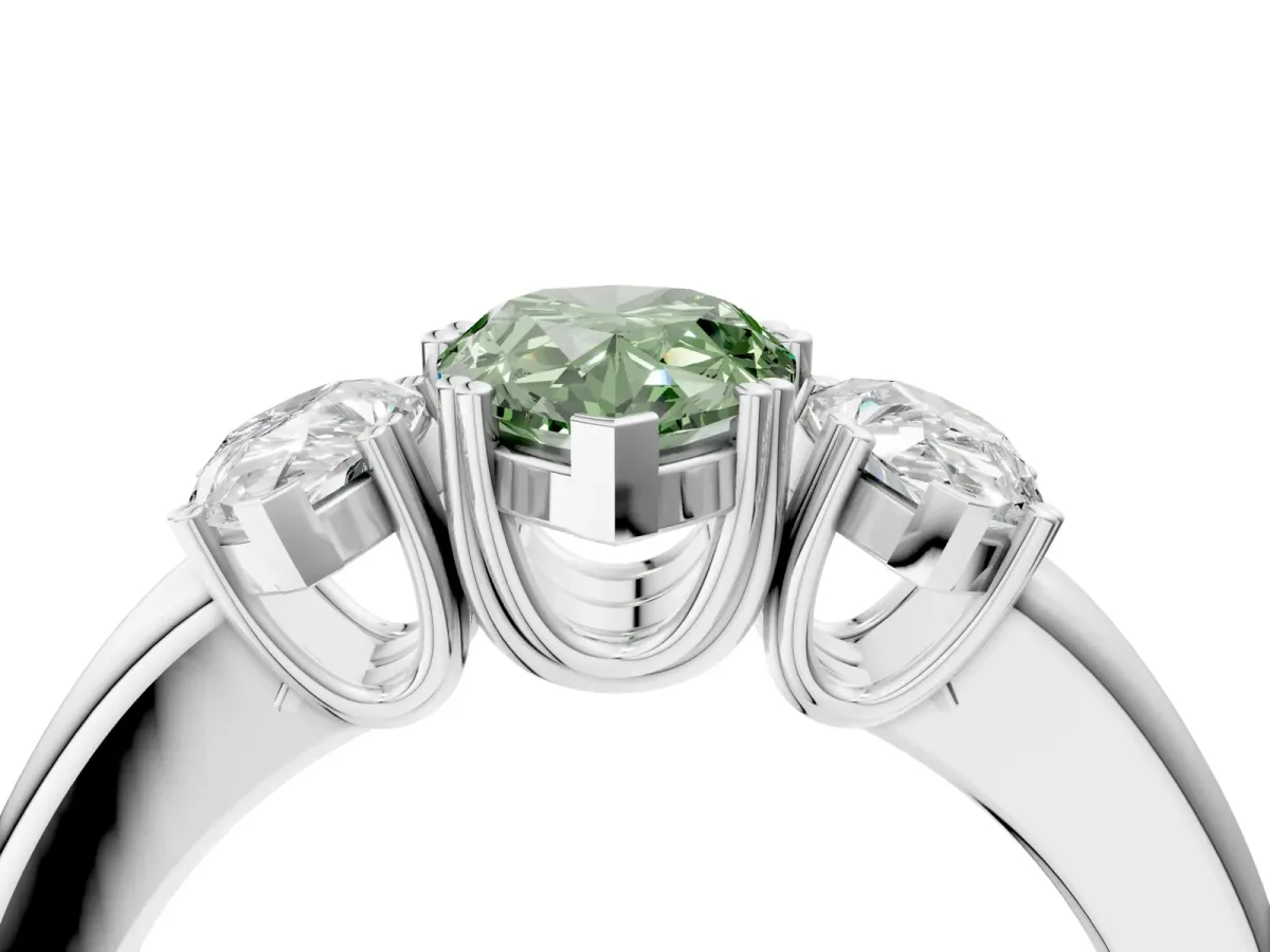 Fancy Green Three-Stone Pear Cut Cut Diamond Ring with Channel Set Band and Four-Prong Setting Silver