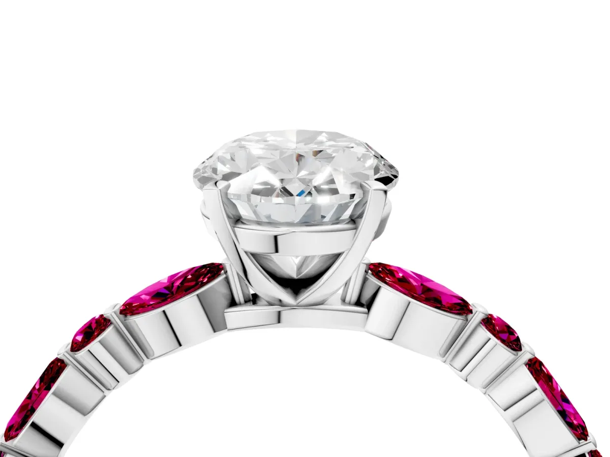 Oval Cut Diamond Ring with Marquise and Round Garnet Side Stones and Four-Prong Setting Silver