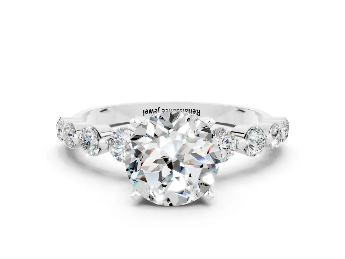 Round Cut Solitaire Moissanite Ring with Pave Band and Four-Prong Setting Silver