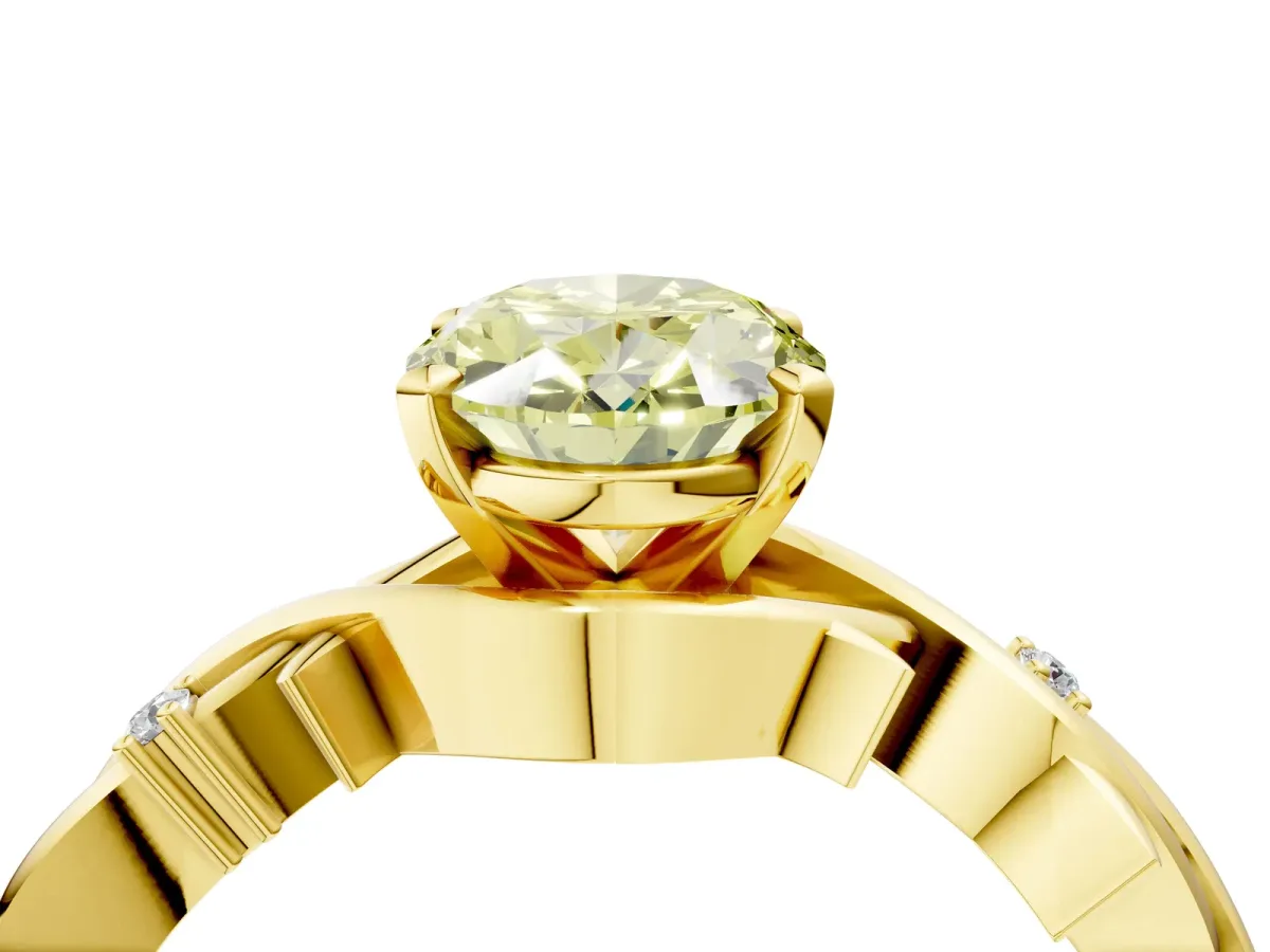 Fancy Yellow Oval Cut Diamond Solitaire Ring with Twisted Band and Prong Setting Yellow gold