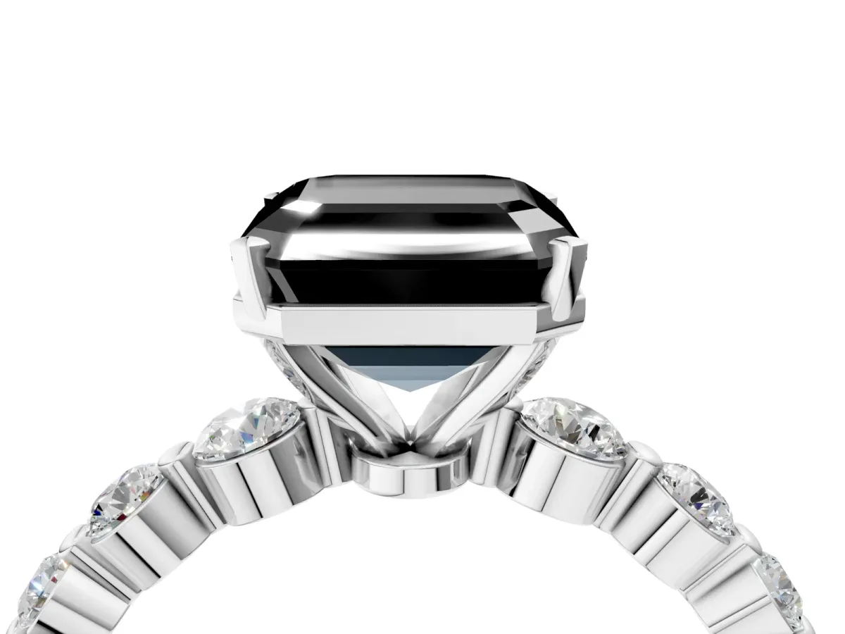 Fancy Black Asscher Cut Solitaire Diamond Ring with Pave Band and Four-Prong Setting Silver
