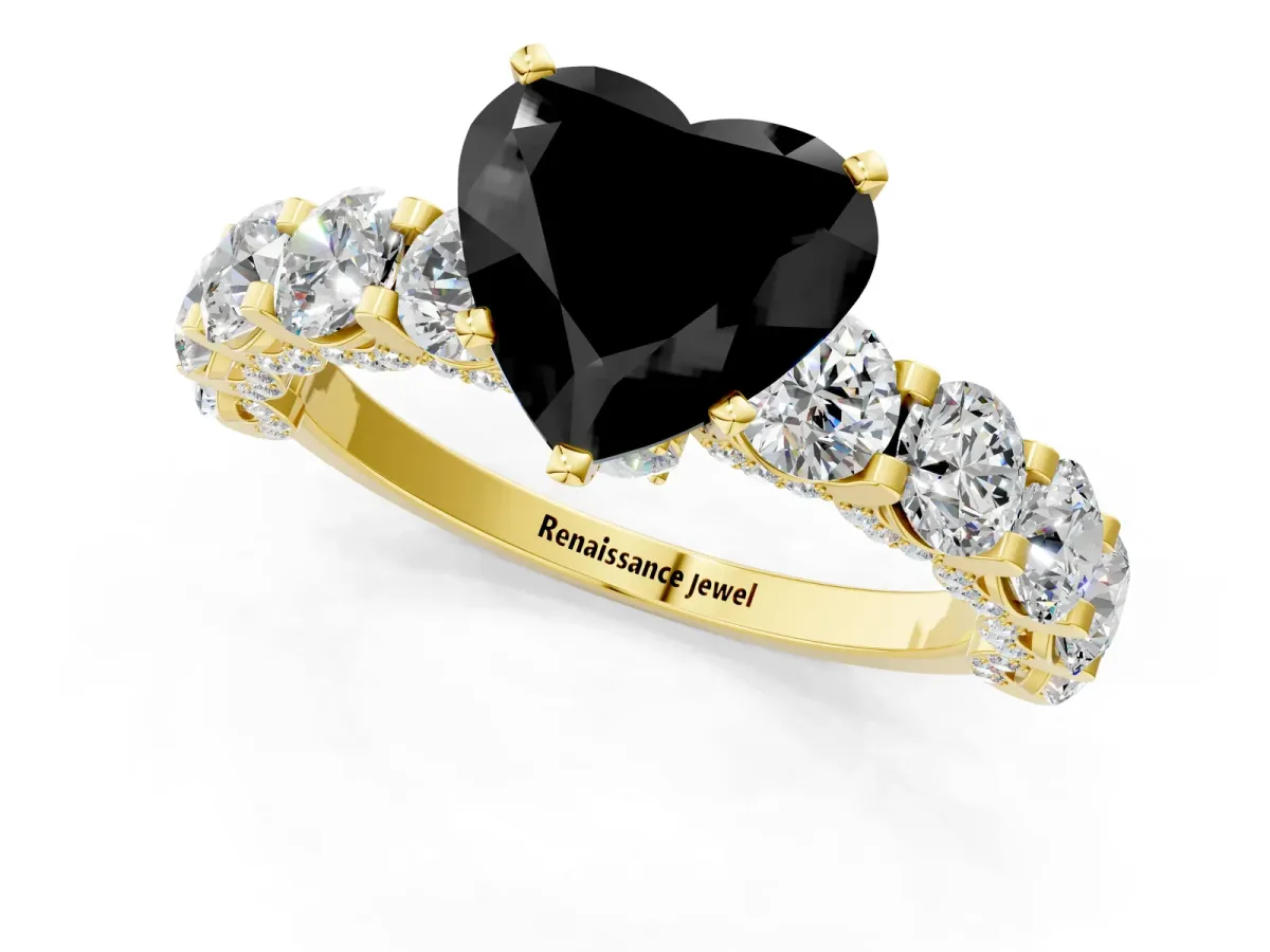 Fancy Black Heart Cut Diamond Side Stone Engagement Ring with Four-Prong Setting Yellow gold