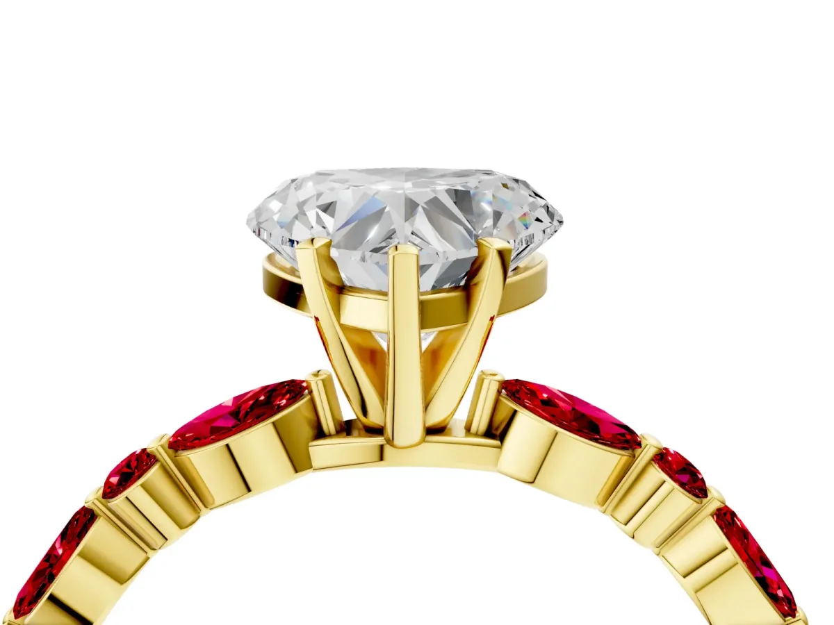 Heart Cut Diamond Ring with Marquise and Round Ruby Side Stones and Four-Prong Setting Yellow gold